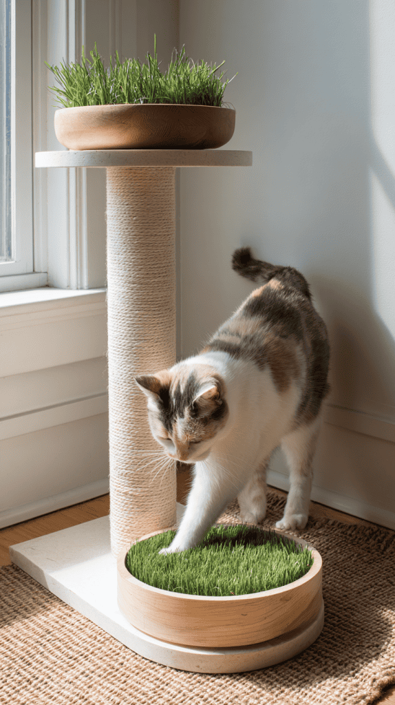 A calico cat steps onto a round patch of cat grass at the base of a modern cat tree, which also has a platform with another bowl of grass, placed near a bright window.