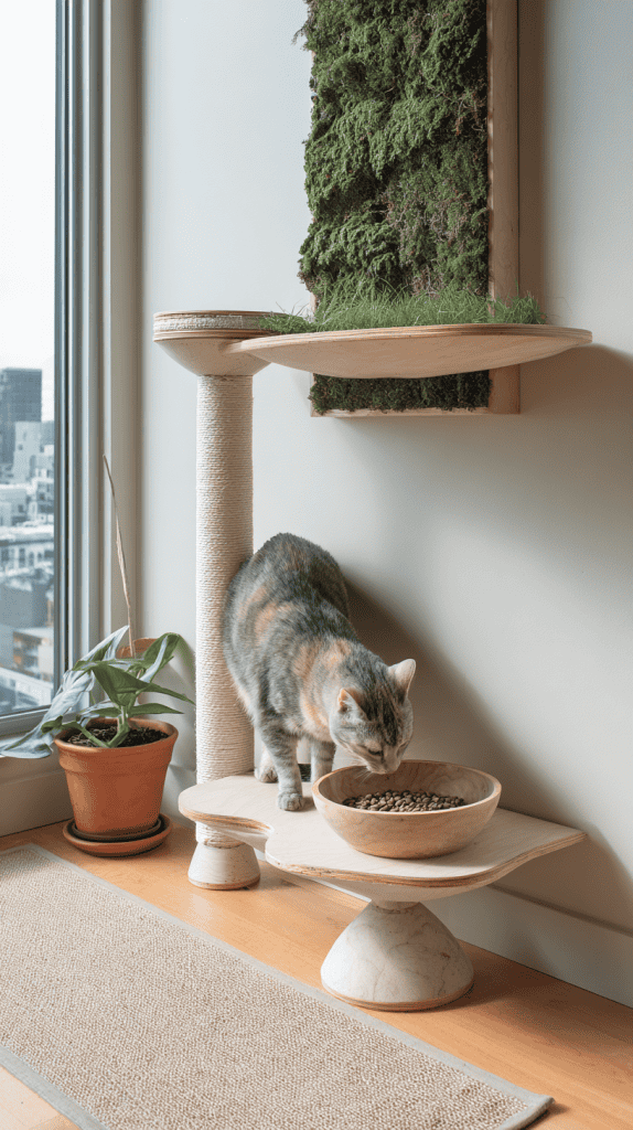 A gray and orange cat eats from a bowl on a modern wooden cat tree near a window. There’s a potted plant beside it and a vertical panel with green moss on the wall above. City buildings are visible outside.