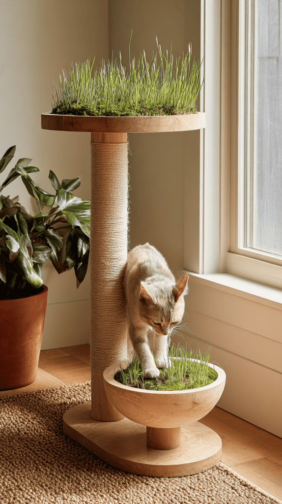 A light brown cat stands on a modern wooden cat tree with platforms covered in green grass, near a large window and a potted plant. Sunlight streams into the cozy room.