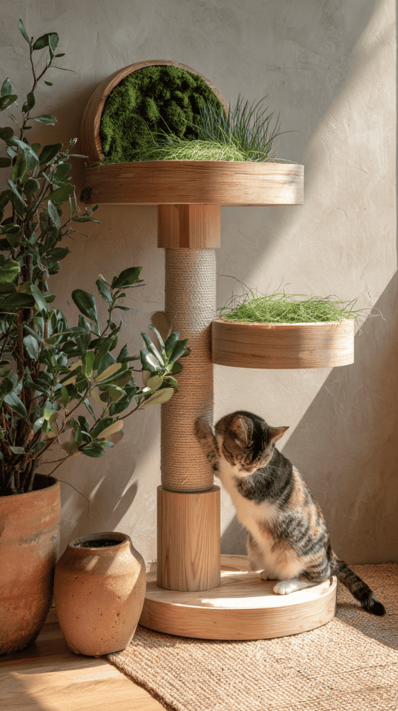 A cat scratching a sisal post on a modern wooden cat tree with green plants and grass on its platforms, next to potted plants in a sunlit room with beige walls.