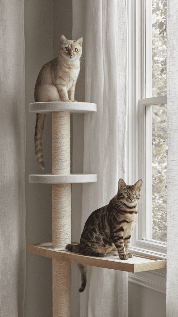 Two cats sit on a beige cat tree by a window with sheer curtains; one cat is light-colored and perched higher, while the other is a brown tabby sitting on the lower platform, looking outside.