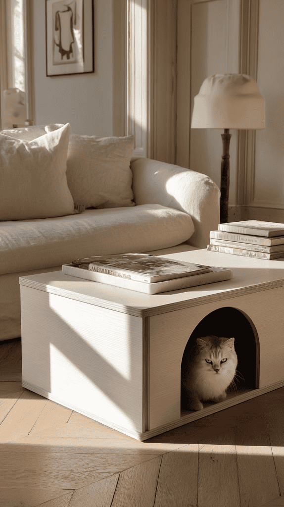 A cozy living room with a white sofa, a coffee table holding magazines and books, and a white cat sitting inside a built-in nook under the table. Sunlight streams in through large windows, casting soft shadows.