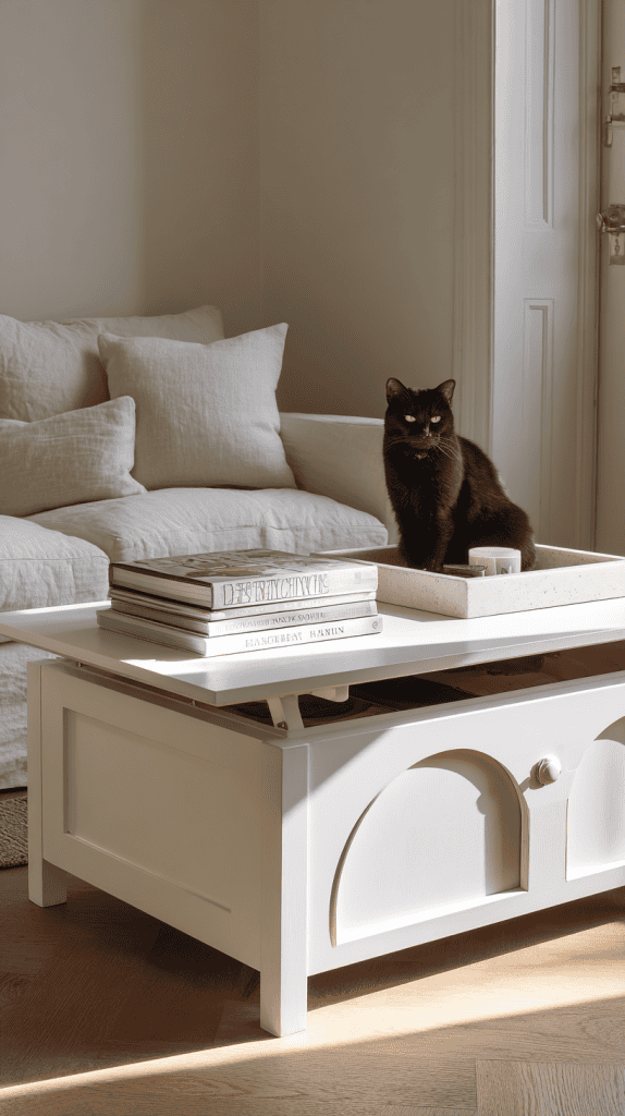 A black cat sits on a tray atop a white coffee table in a cozy living room with a cream-colored sofa, books, and soft natural light streaming through a nearby window.