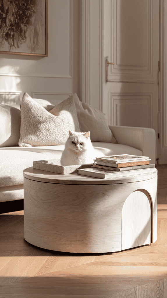 A fluffy white cat sits on a round light wood coffee table with books and a tray, in a sunlit living room with a cream sofa and beige cushions in the background.