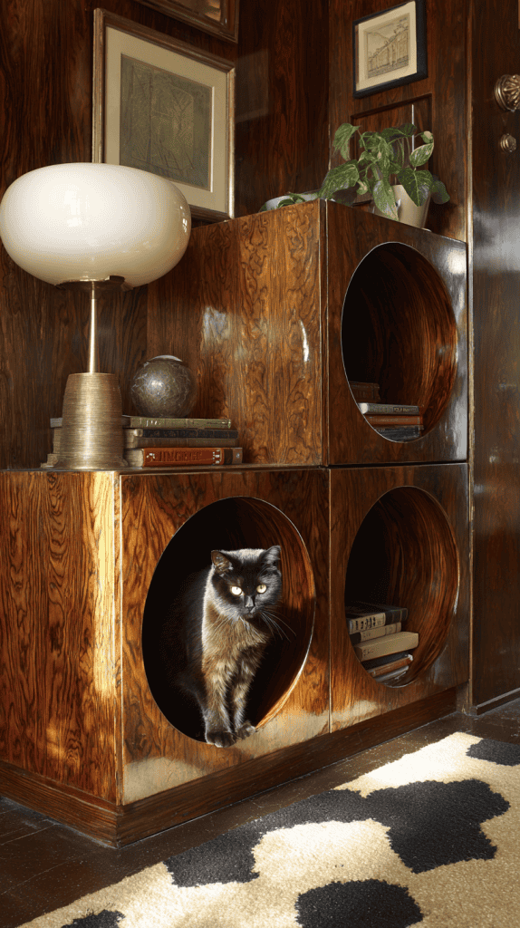 A black cat sits inside a circular cubby of a mid-century wooden cabinet, surrounded by books and decor. A lamp, plant, and framed art are displayed on and above the cabinet; a patterned rug lies on the floor.