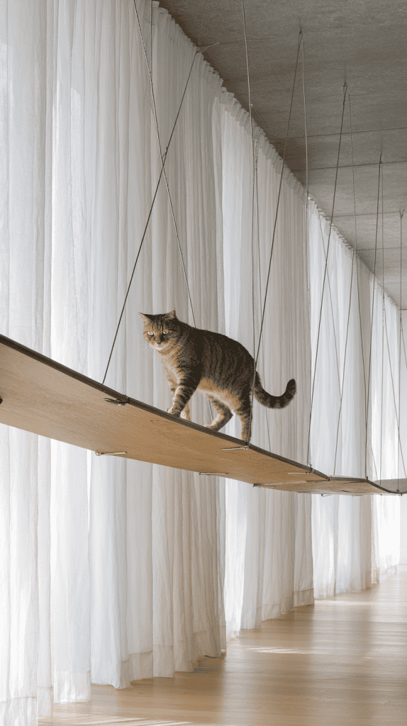 A tabby cat walks on a suspended wooden walkway with cables above a floor lined with tall, white, sheer curtains and a light wooden floor.