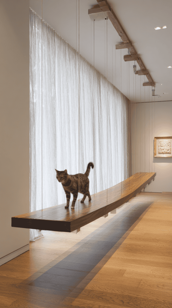 A tabby cat walks on a long, suspended wooden bench hanging from the ceiling in a modern room with wooden floors and sheer curtains letting in natural light.