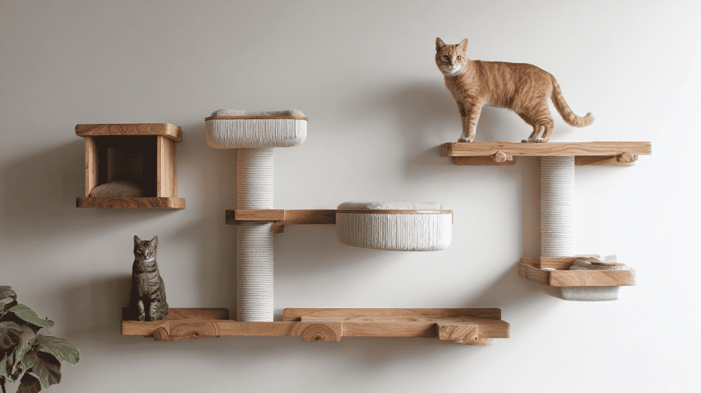 Two cats on a modern wooden wall-mounted cat climbing structure with scratching posts, platforms, and beds against a plain light-colored wall. One cat is sitting below, the other stands on an upper platform.