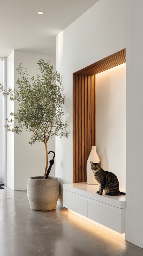 A tabby cat sits on a built-in white bench with wood panel backing, next to a large potted plant and a white vase in a modern, minimalist room with soft, indirect lighting.