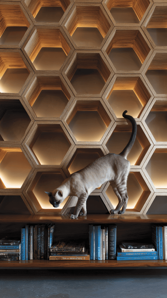 A Siamese cat walks along a wooden bookshelf filled with books, in front of a wall with illuminated, honeycomb-shaped shelves.