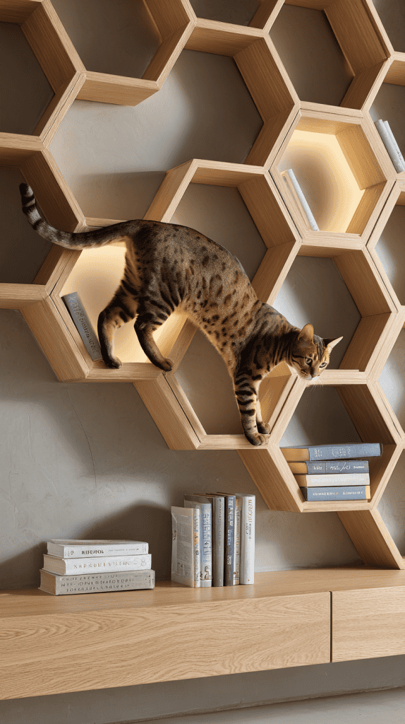 A spotted cat walks through hexagonal wooden shelves mounted on a wall, with books placed inside some of the shelves and on a lower cabinet. The shelves are backlit, creating a cozy, modern look.