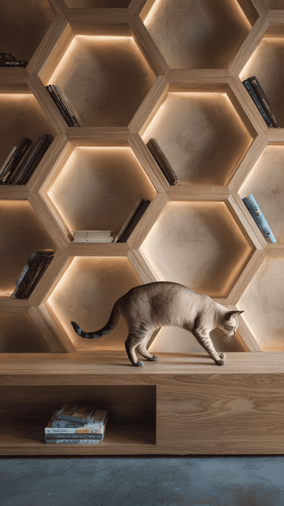 A light brown cat walks on a wooden bench in front of a modern bookshelf with hexagonal shelves, some holding books, and soft lighting accentuating the geometric design.