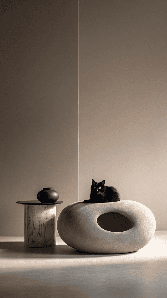 A black cat with green eyes sits on a large, smooth, oval stone with a hole in it, next to a small round table with a black vase in a minimalist, neutral-toned room.