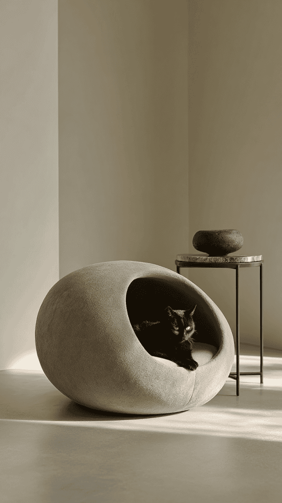 A black cat rests inside a modern, dome-shaped beige pet bed next to a small round table with a dark stone bowl on top, set in a minimalist room with neutral walls.