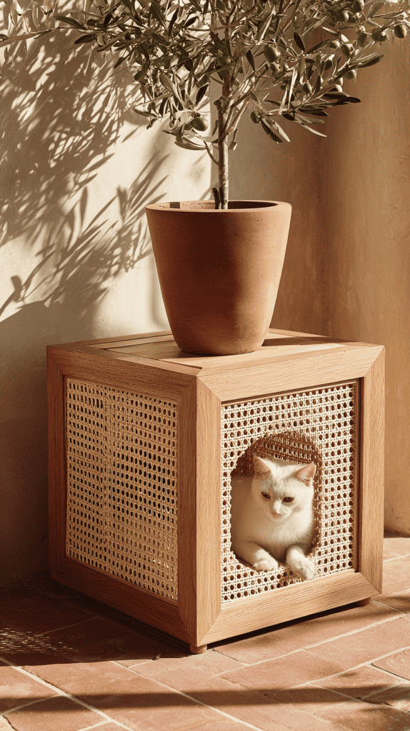 A white cat lounges inside a wooden cube with woven rattan sides, while a potted plant sits on top of the cube. Sunlight creates soft shadows on the wall and tiled floor.