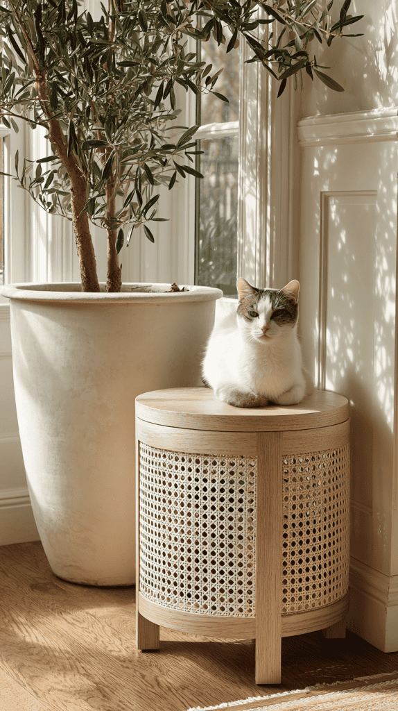 A white and gray cat sits on a round wicker side table next to a large potted plant by a sunny window, with sunlight casting shadows on the wall and wooden floor.