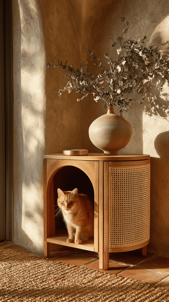 A ginger cat sits inside a wooden side table with a woven rattan door, next to a vase with dried branches, in a sunlit, rustic room.