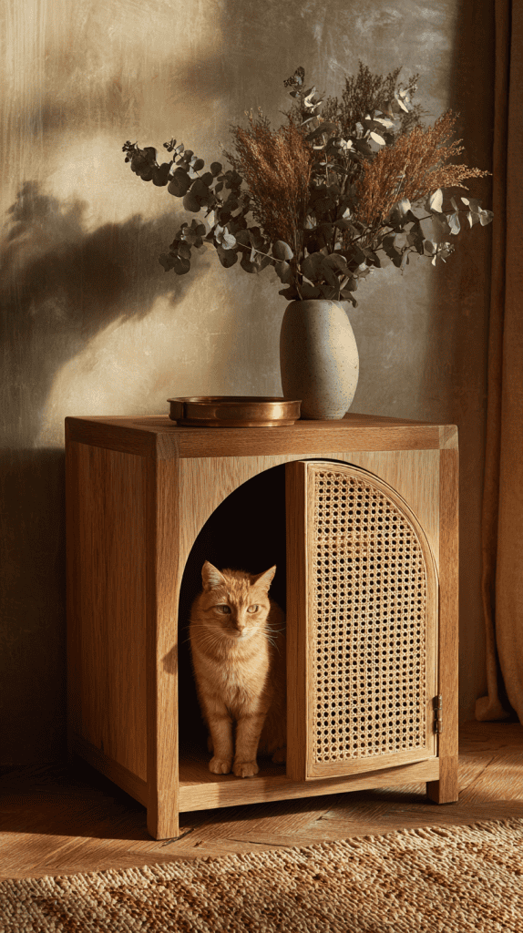 A ginger cat sits inside a wooden cabinet with a woven door. On top, there is a gray vase with dried flowers and a round brass tray. Warm sunlight casts shadows across the cozy, rustic scene.