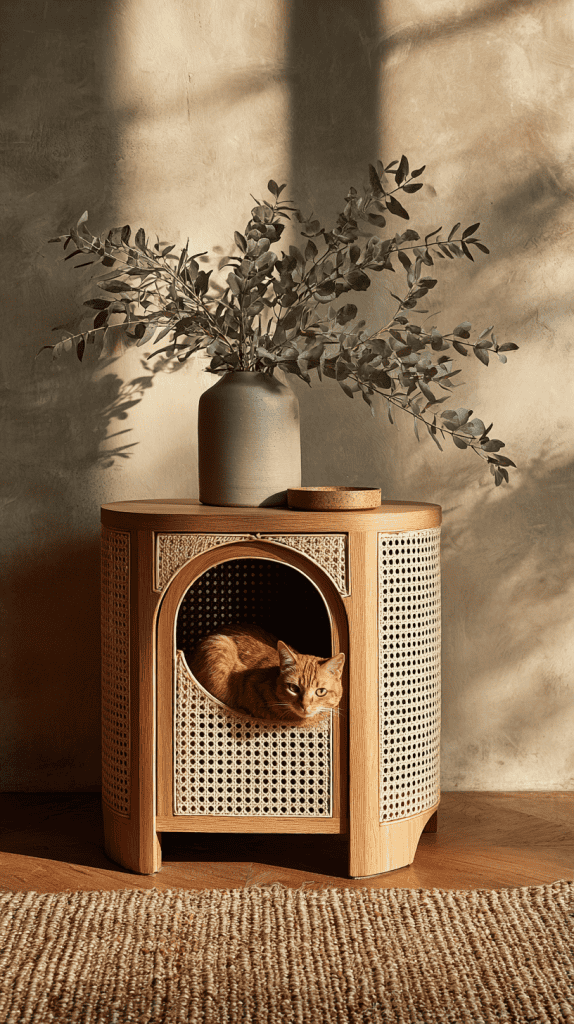 A ginger cat rests inside a stylish wooden and wicker pet house. On top sits a ceramic vase with eucalyptus branches, all bathed in warm sunlight against a textured beige wall and a woven rug on the floor.