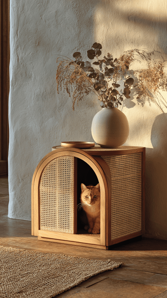 A ginger cat sits inside a stylish wooden and rattan pet house, topped with a round beige vase holding dried plants. Warm sunlight streams onto the textured wall and wooden floor, creating a cozy atmosphere.