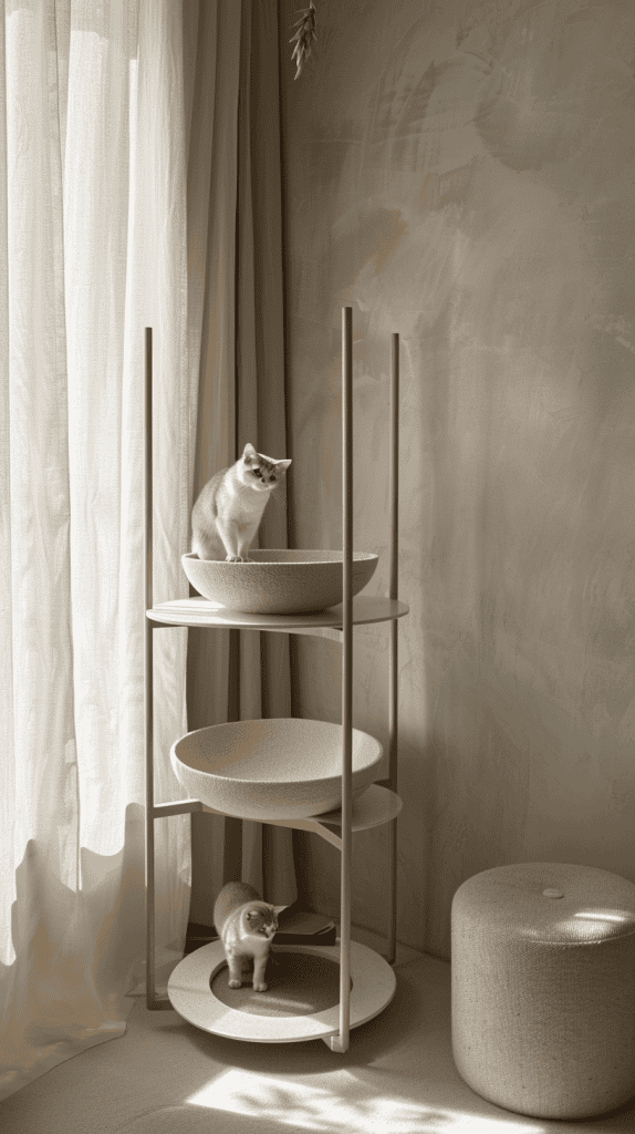 A modern cat tree with three beige tiers stands by a sunlit window with sheer curtains. One cat lounges on the top tier, while another cat sits on the bottom tier. A textured beige ottoman is nearby.