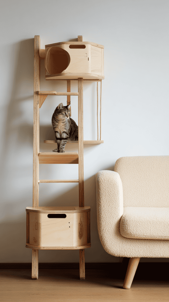 A tabby cat sits on a wooden cat climbing structure with shelves and cubbyholes, next to a cream-colored upholstered sofa against a plain light wall.