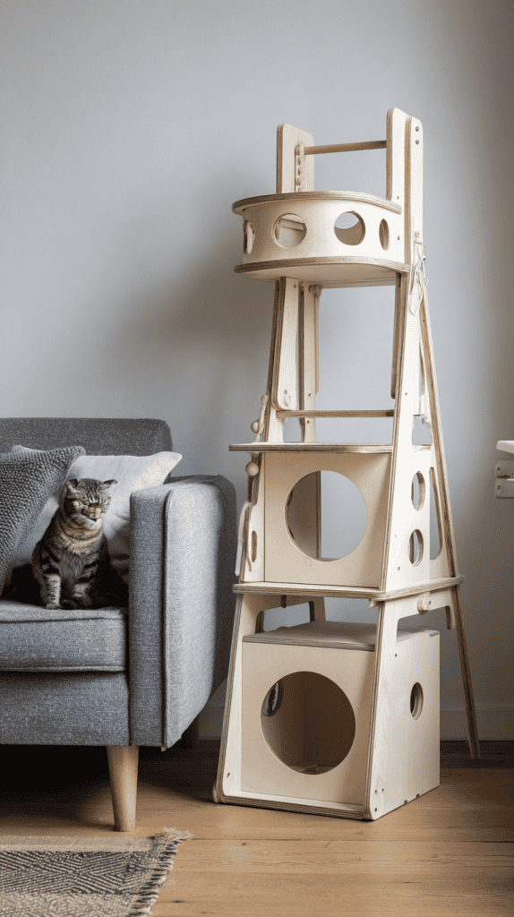 A tabby cat sits on a gray sofa next to a tall, multi-level wooden cat tower with circular cut-out holes, placed on a wooden floor in a modern living room.