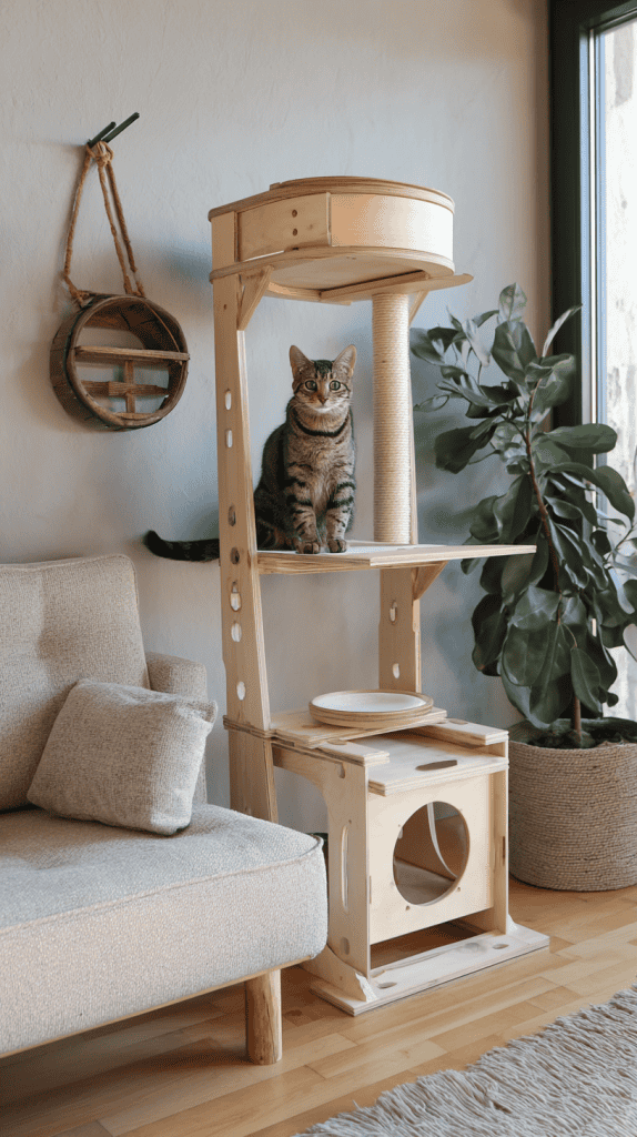 A tabby cat sits on the middle shelf of a wooden cat tree beside a beige sofa and a potted plant in a modern living room with natural light.