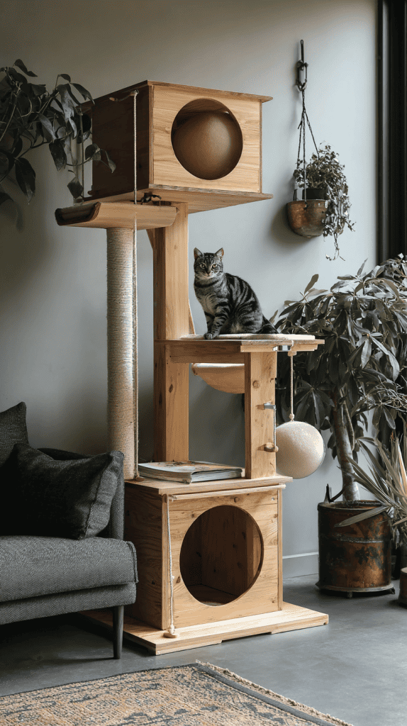 A tabby cat sits on a multi-level wooden cat tree near a window, surrounded by potted plants and next to a dark gray sofa in a cozy, modern living room.
