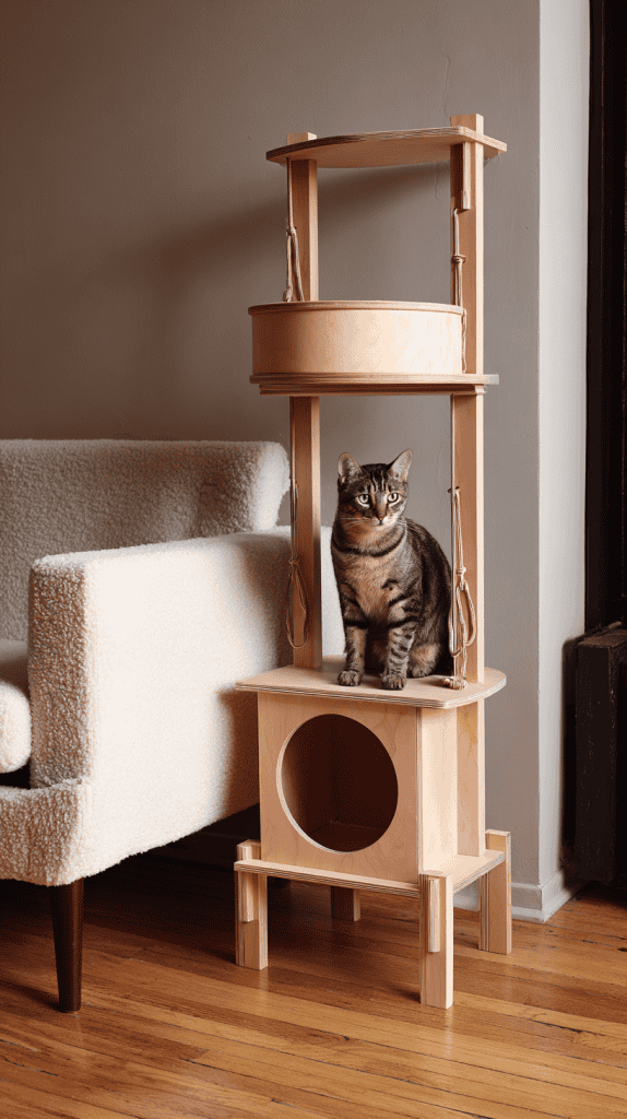 A tabby cat sits on a wooden cat tower with multiple levels, next to a light-colored sofa in a room with wooden floors and neutral walls.