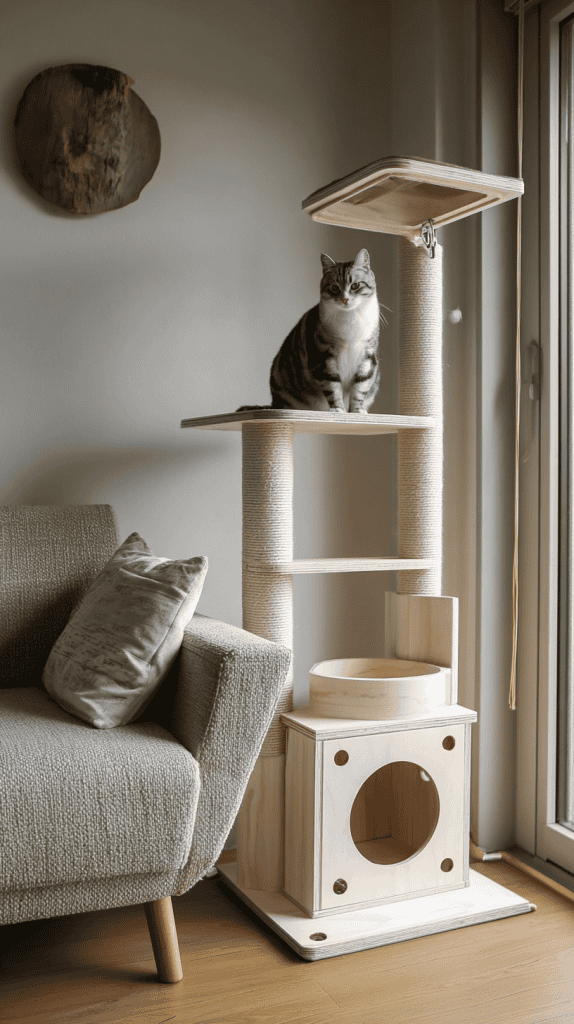 A grey tabby cat sits on the top platform of a beige cat tree next to a modern sofa and a large window with natural light coming in.