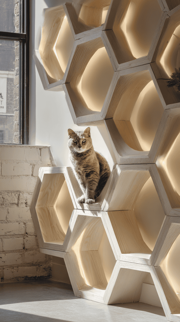 A tabby cat sits on a modern, honeycomb-shaped wooden shelf with warm backlighting, next to a sunlit window and a white brick wall.