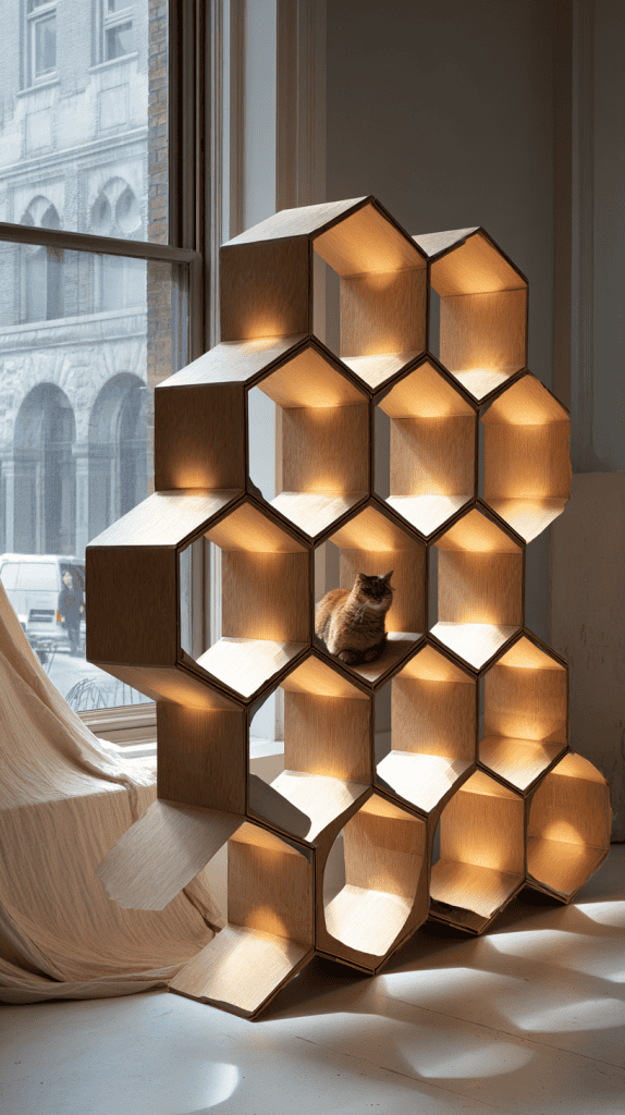 A honeycomb-shaped wooden shelf with built-in lights stands by a window. A cat sits comfortably in one of the hexagonal compartments. Natural light streams in, and a city building is visible outside.