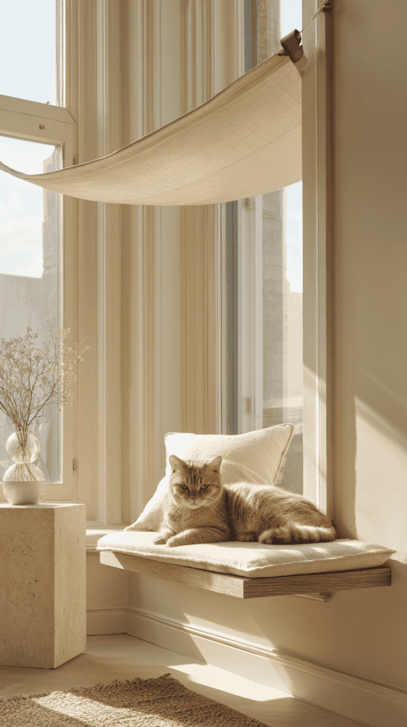 A ginger cat lounges on a cushioned shelf by a sunny window, with a pillow behind it and a vase of dried flowers on a nearby table. Light streams in, creating a cozy and peaceful atmosphere.