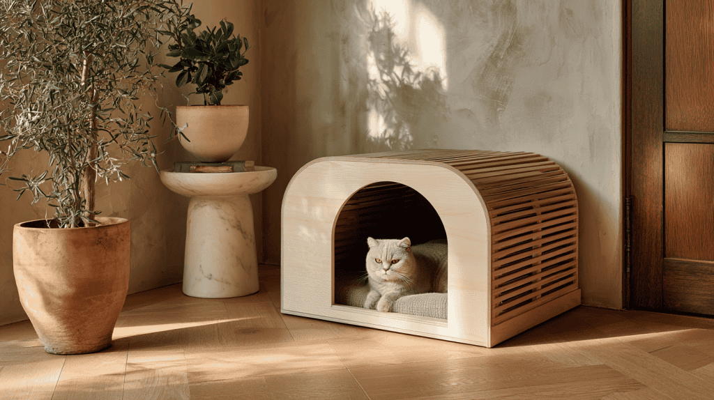 A light-colored cat relaxes inside a modern wooden pet house with rounded edges, placed in a sunlit room next to potted plants and a wooden door.