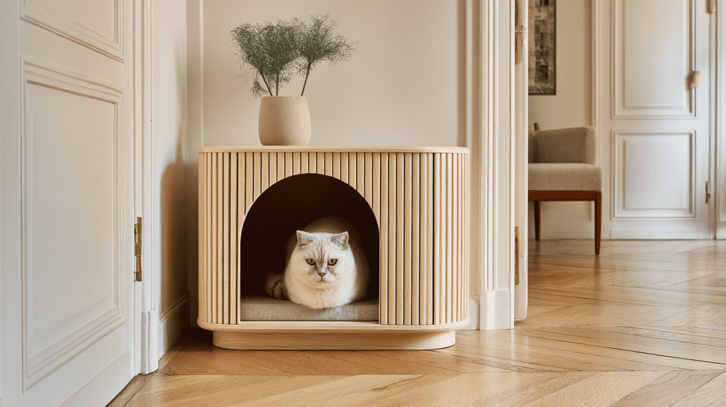 A white cat is lounging inside a stylish wooden cat house with a rounded entrance, placed in a bright, modern room with wooden floors. A beige vase with greenery sits on top of the cat house.