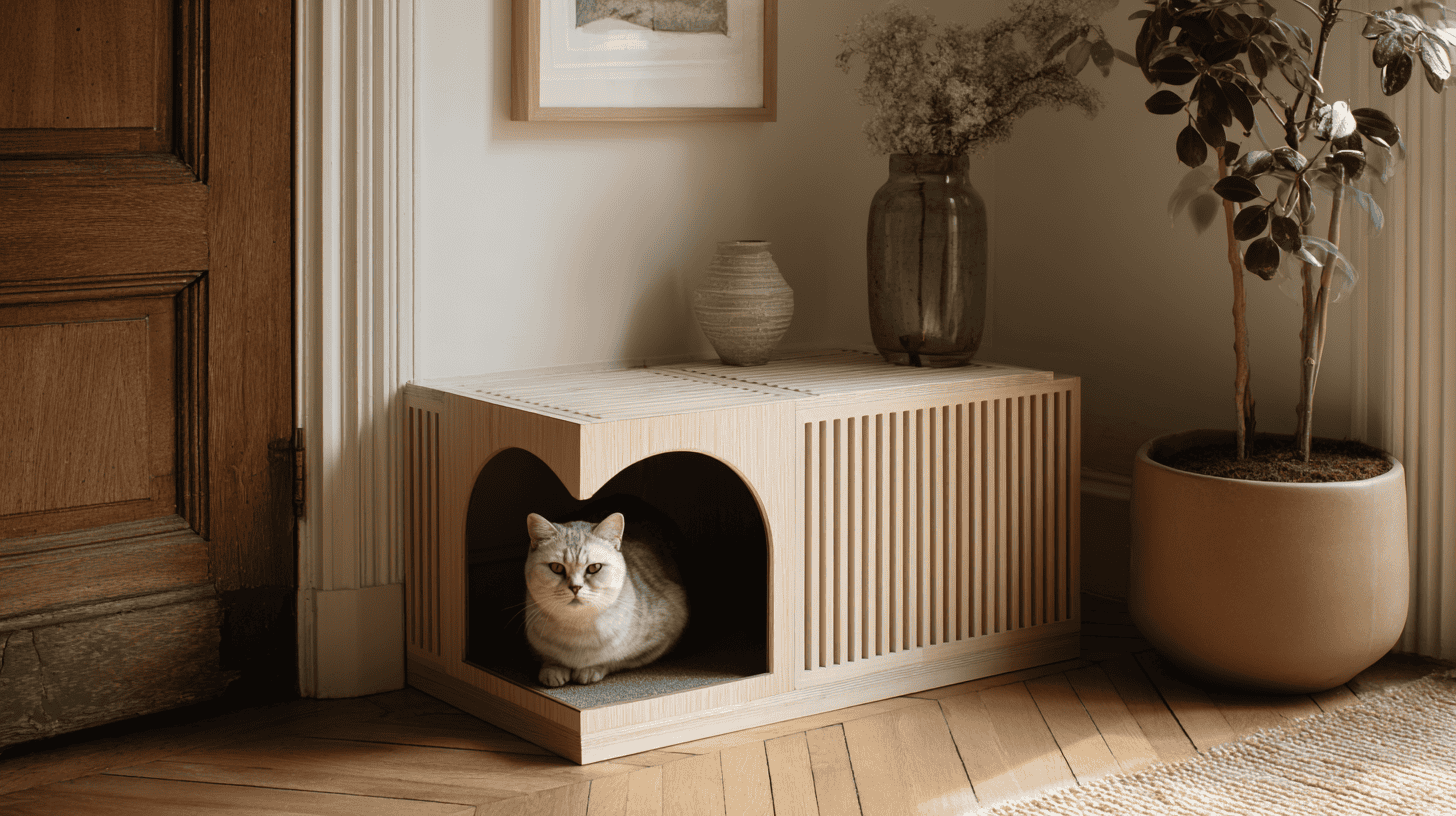A gray cat sits inside a modern wooden cat house with vertical slats and a large heart-shaped opening, placed in a cozy corner with a plant, vase, and framed art on the wall.