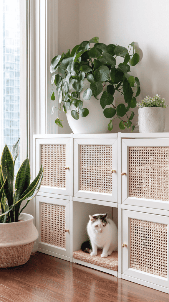 A white cat with black markings sits in a cubby of a white cabinet with woven doors. Potted green plants rest on top of the cabinet and on the floor beside it, near a large window with city views.