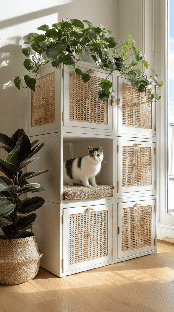 A white cabinet with wicker doors holds a cat resting on a shelf. Green plants are placed on top of the cabinet and beside it in a woven basket. Sunlight streams in through a nearby window.