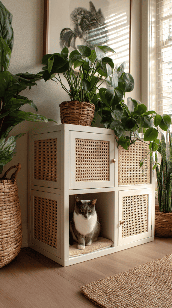 A gray and white cat sits inside a cubby of a white cabinet with woven rattan doors, surrounded by green potted plants in a cozy, sunlit room with natural decor.