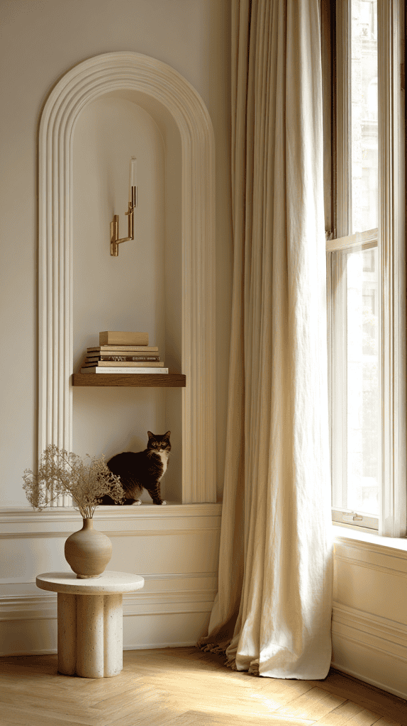 A cozy interior corner with an arched wall niche, a small wooden shelf with stacked books, a cat sitting below, a round pedestal table with a vase, tall curtains, and sunlight streaming through a window.