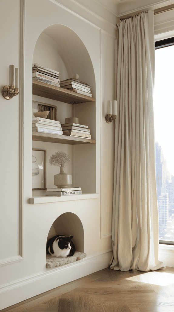 A cozy built-in wall nook with shelves holding books and decor, a small arched alcove at the bottom where a black and white cat is resting on a cushion, next to a large window with cream curtains and a city view.