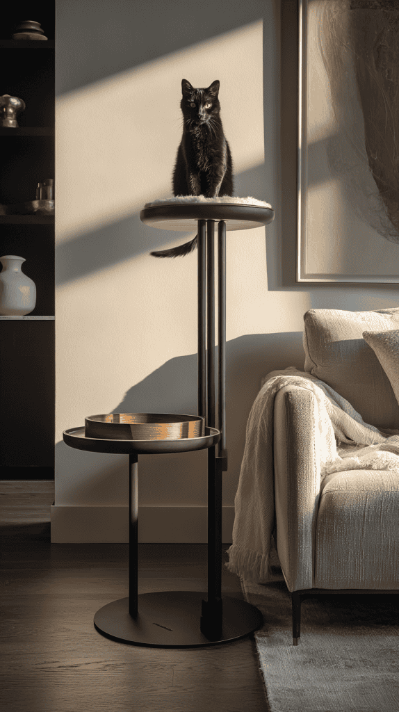 A black cat sits on top of a tall modern cat tree next to a beige sofa in a sunlit, stylish living room with neutral decor and wall art.