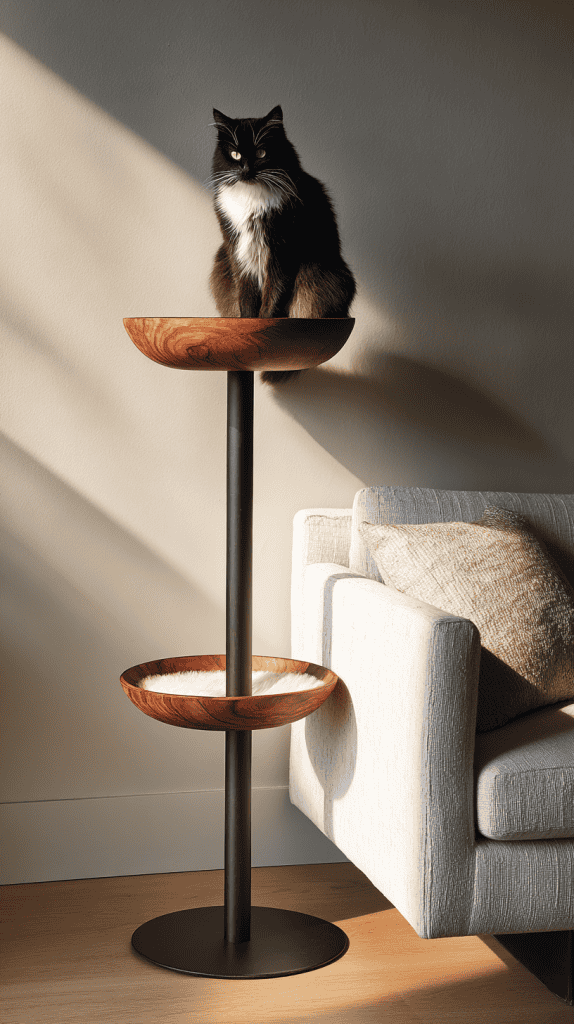 A black and white cat sits atop a modern, multi-level wooden cat tower beside a light-colored sofa, illuminated by sunlight streaming through a nearby window.