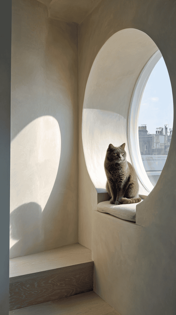 A gray cat sits on a windowsill in front of a large round window, with sunlight streaming in and casting a soft shadow on the beige wall. City rooftops are visible outside the window.