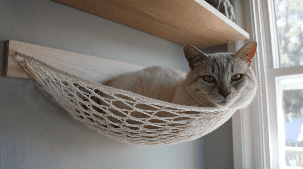 A light-colored cat lounges comfortably in a cream-colored net hammock mounted on a wall near a window, with sunlight streaming in and a wooden shelf above.