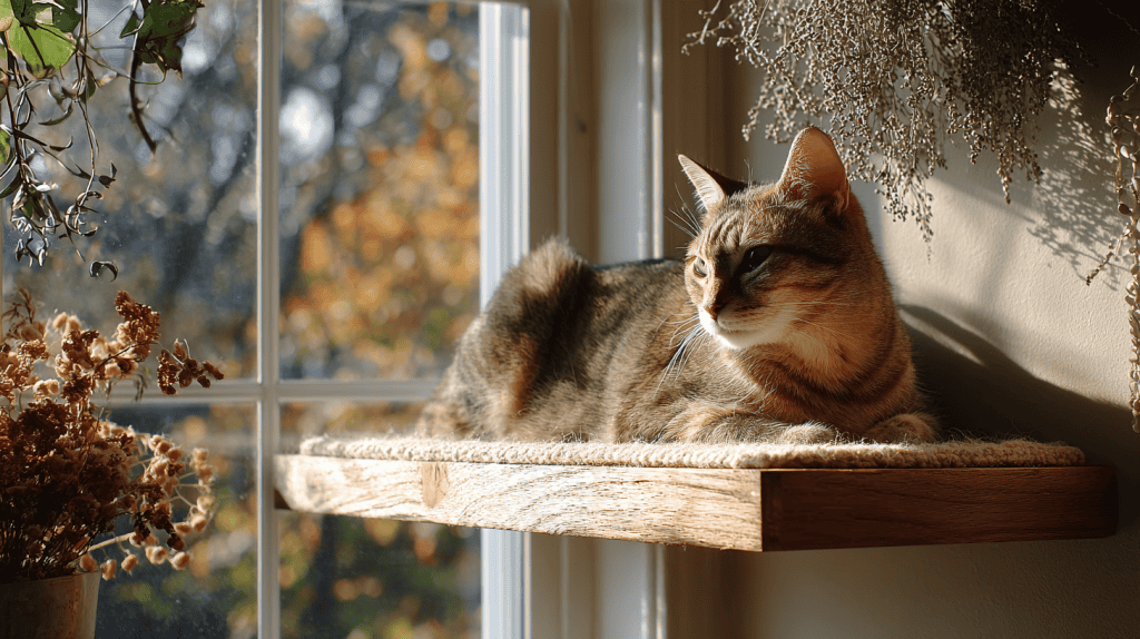 A tabby cat lounges on a sunny wooden shelf by a window, surrounded by autumn foliage and dried flowers, with warm sunlight streaming in.